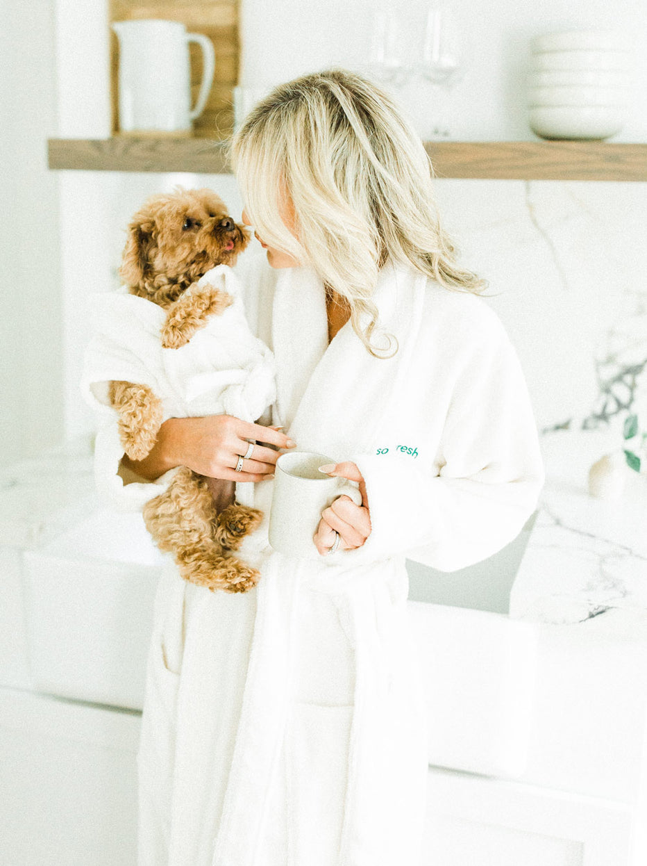 Dog In Bathrobe Plush Dog Robe by Dog Threads | Matching Dog & Owner Bath Robe Outfit ...