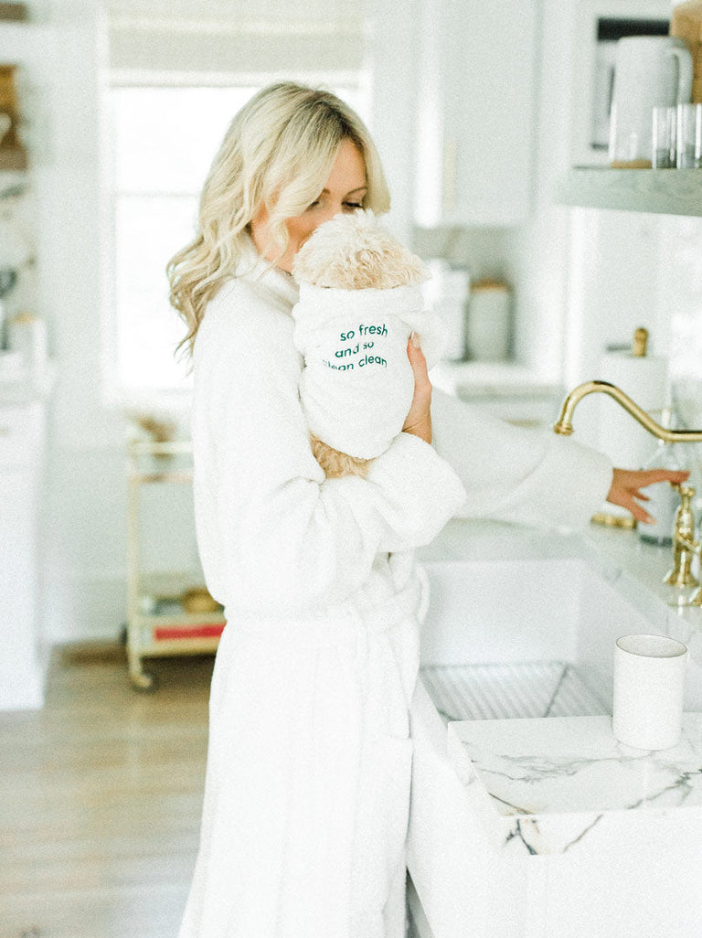 Curated visual reference: Securing Loose Threads On Pet Owners Reference: Plush Dog Robe By Dog Threads Matching Dog Owner Bath